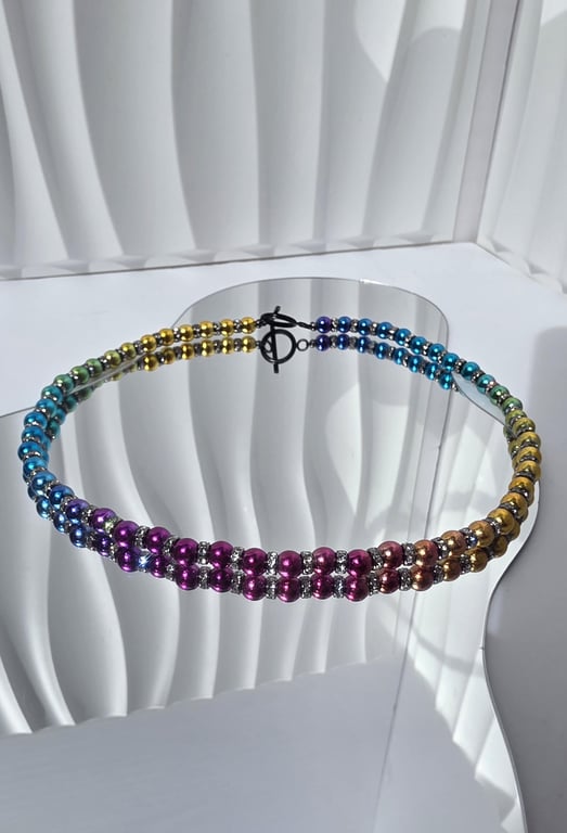 Rainbow Gradient Beaded Necklace Colourful Jewellery Multi Coloured Hematite Bea