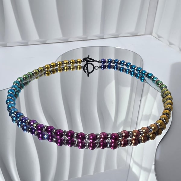 Rainbow Gradient Beaded Necklace Colourful Jewellery Multi Coloured Hematite Bea
