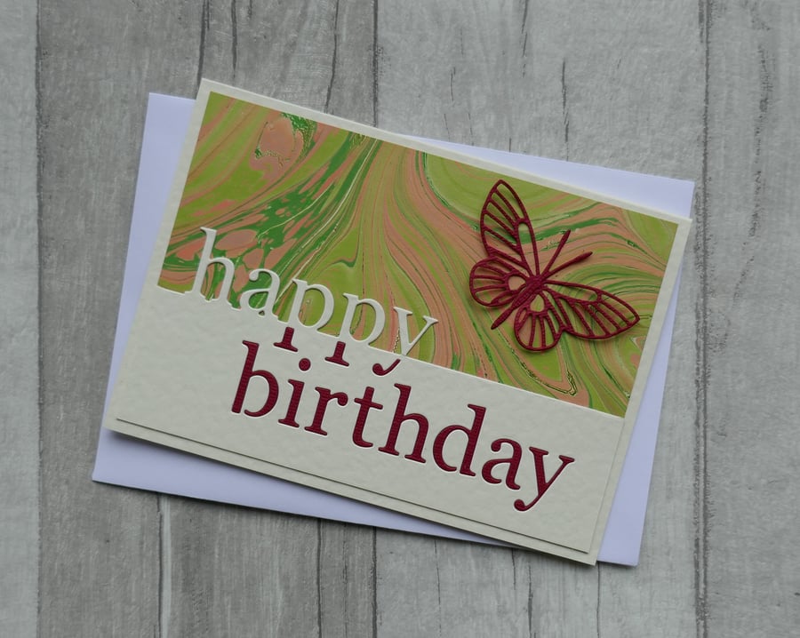 Red Butterfly on Marbled Paper - Happy Birthday - Birthday Card