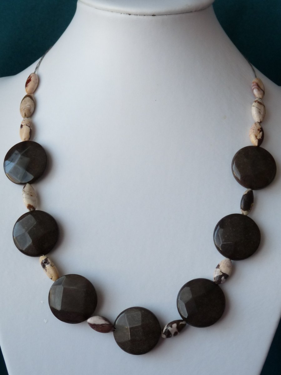 Zebra Jasper & Chinese Jade Necklace  - Genuine Gemstone - Sterling Silver