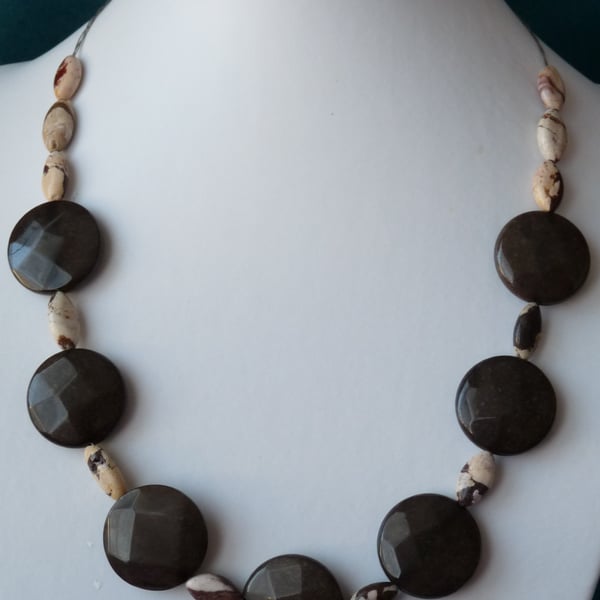 Zebra Jasper & Chinese Jade Necklace  - Genuine Gemstone - Sterling Silver
