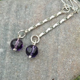 Sterling silver drop earrings with amethyst glass bead. February birthstone.