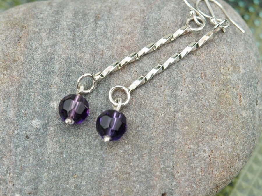 Sterling silver drop earrings with amethyst glass bead. February birthstone.