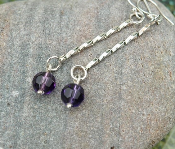 Sterling silver drop earrings with amethyst glass bead. February birthstone.