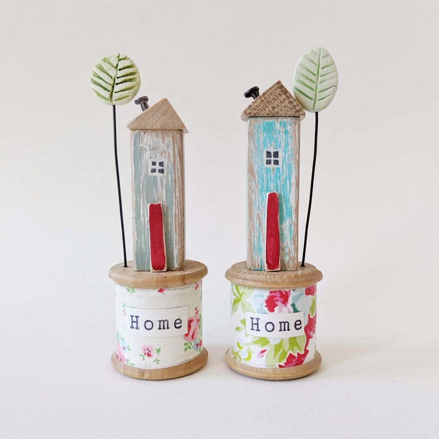 Little Wooden House on a Vintage Floral Bobbin with Clay Tree 'Home'