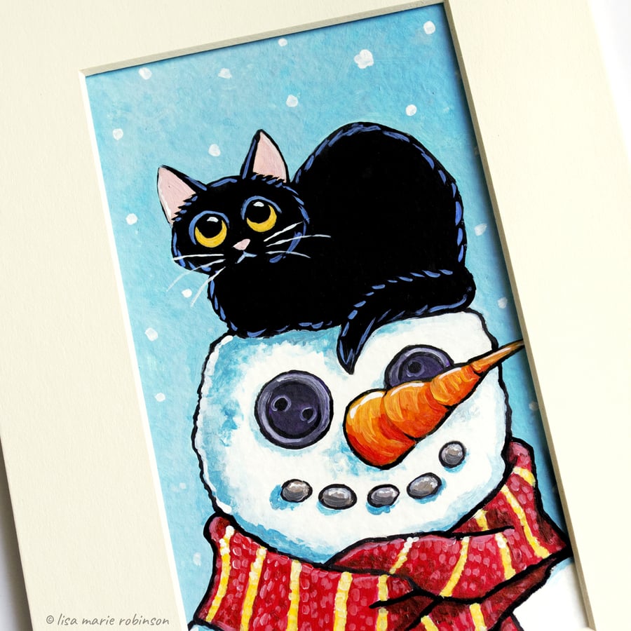 Black Cat and Snowman - Original Small Painting