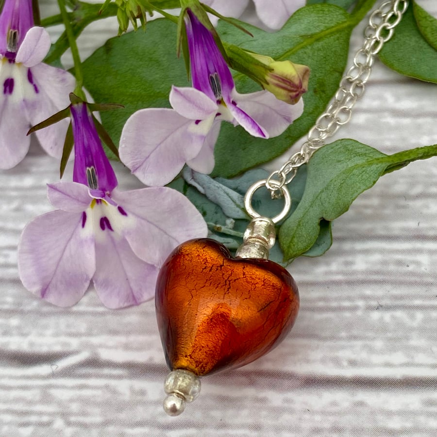 Bronze Heart Necklace. Venetian Murano Glass Heart Pendant
