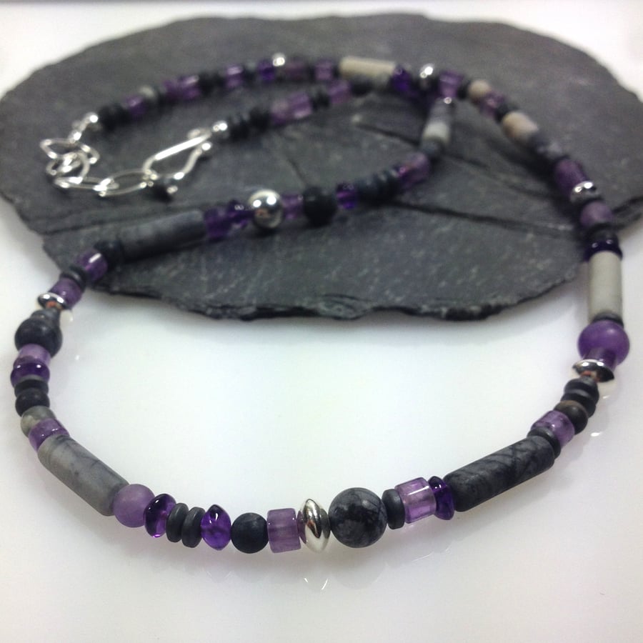 Amethyst, jasper, hematite and silver necklace