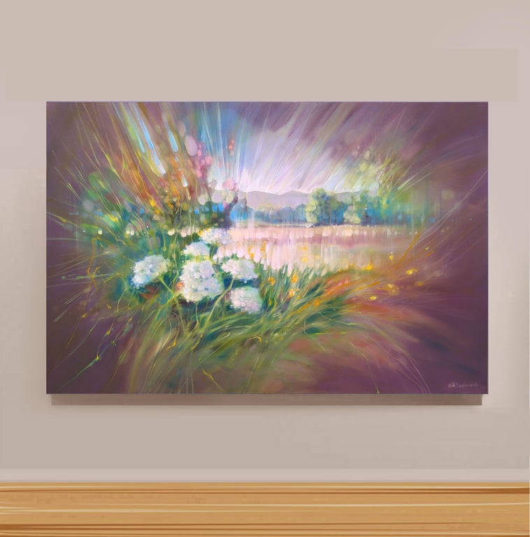 Summer Calling is a colourful semi-abstract oil painting of a field of flowers 