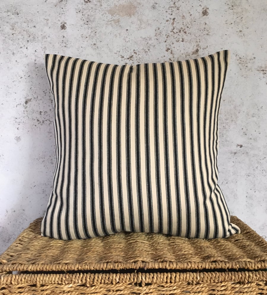 Ticking Cushion Cover with Black and Cream Stripes 18” x 18”