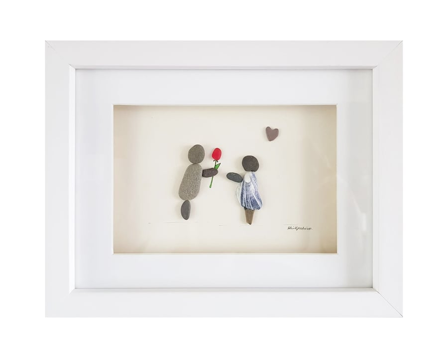 The Flower - Pebble & Sea Glass - Framed Unique Handmade Art