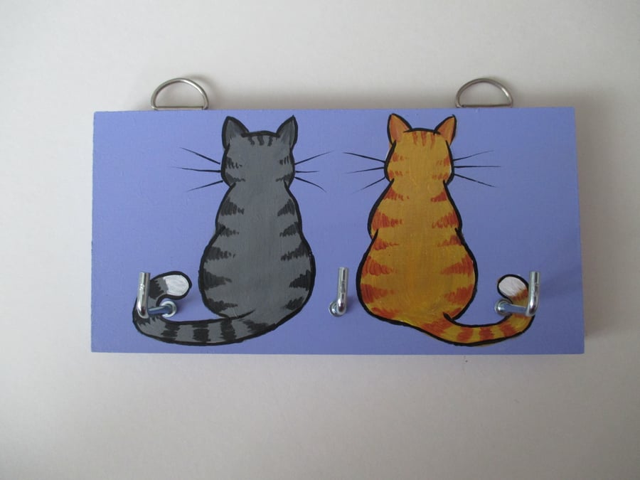 Cat Key Rack Holder 3 Hooks Tabby Pet Picture Painting Handmade Hanging 