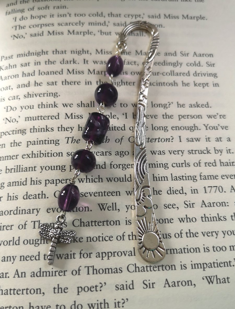 Dragonfly bookmark with purple beads