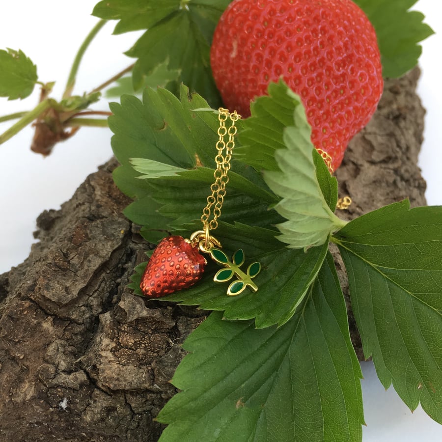 Strawberry Necklace Gold plated silver necklace with Enamel Details Red Green