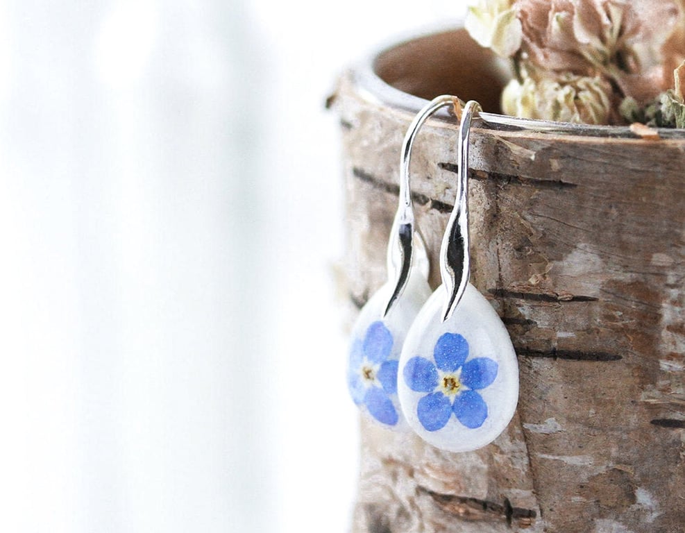 Forget me Nots Earrings Teardrop Dangle Earrings Real Flower Earrings Something 
