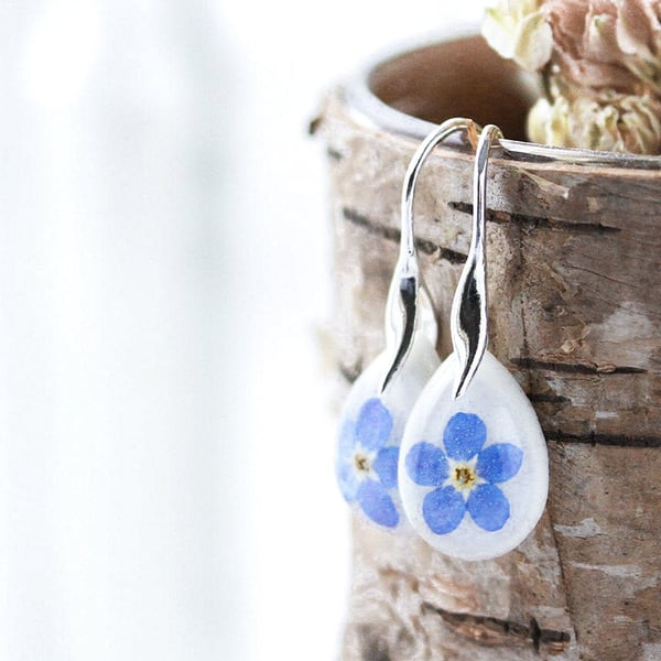 Forget me Nots Earrings Teardrop Dangle Earrings Real Flower Earrings Something 