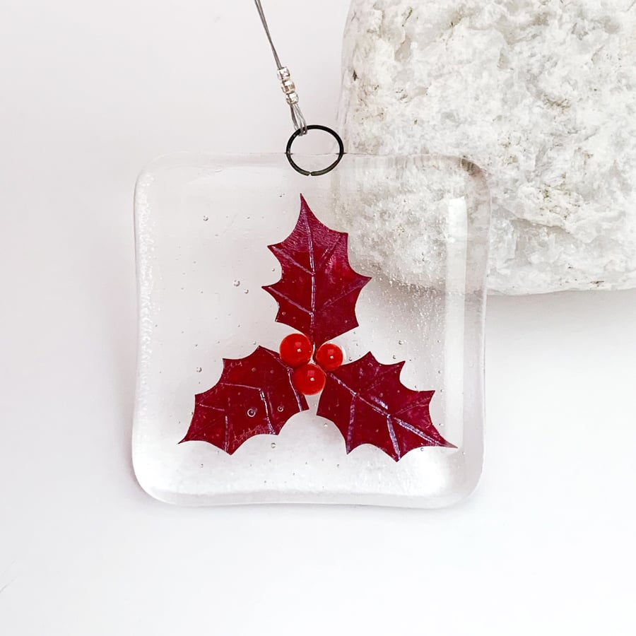 Fused Glass Copper Holly Hanging