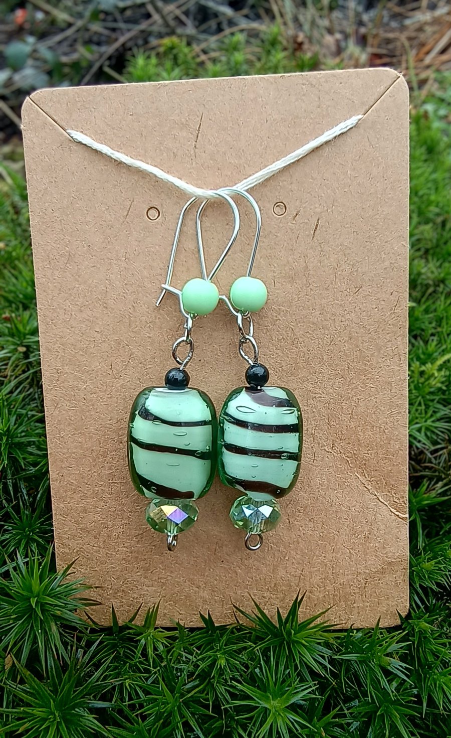 "Peppermint" - Mint green and black sweetie bead earrings, sterling silver hooks