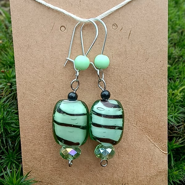 "Peppermint" - Mint green and black sweetie bead earrings, sterling silver hooks