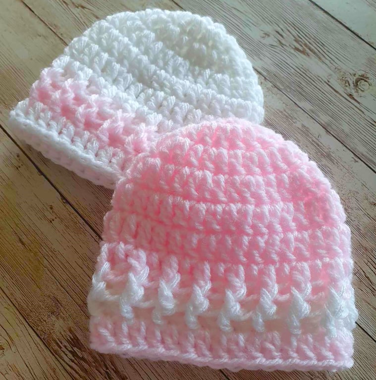 Baby Girl Hat, Pink and White Crochet Beanie Hats Preemie or 0 - 3 Months