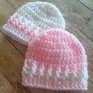 Two Baby Hats, Pink and White Crochet Beanie Hats Preemie or 0 - 3 Months