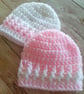 Two Baby Hats, Pink and White Crochet Beanie Hats Preemie or 0 - 3 Months