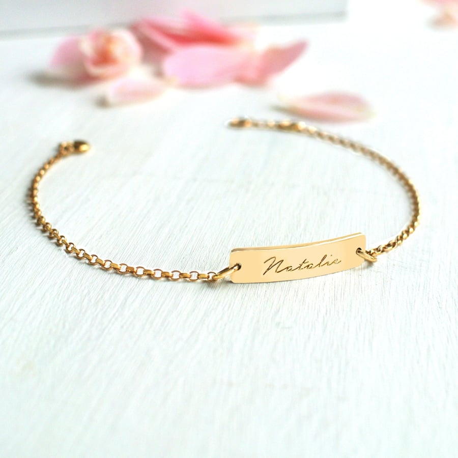 Personalised Gold Little Name Bar Script Bracelet, Valentine's gift