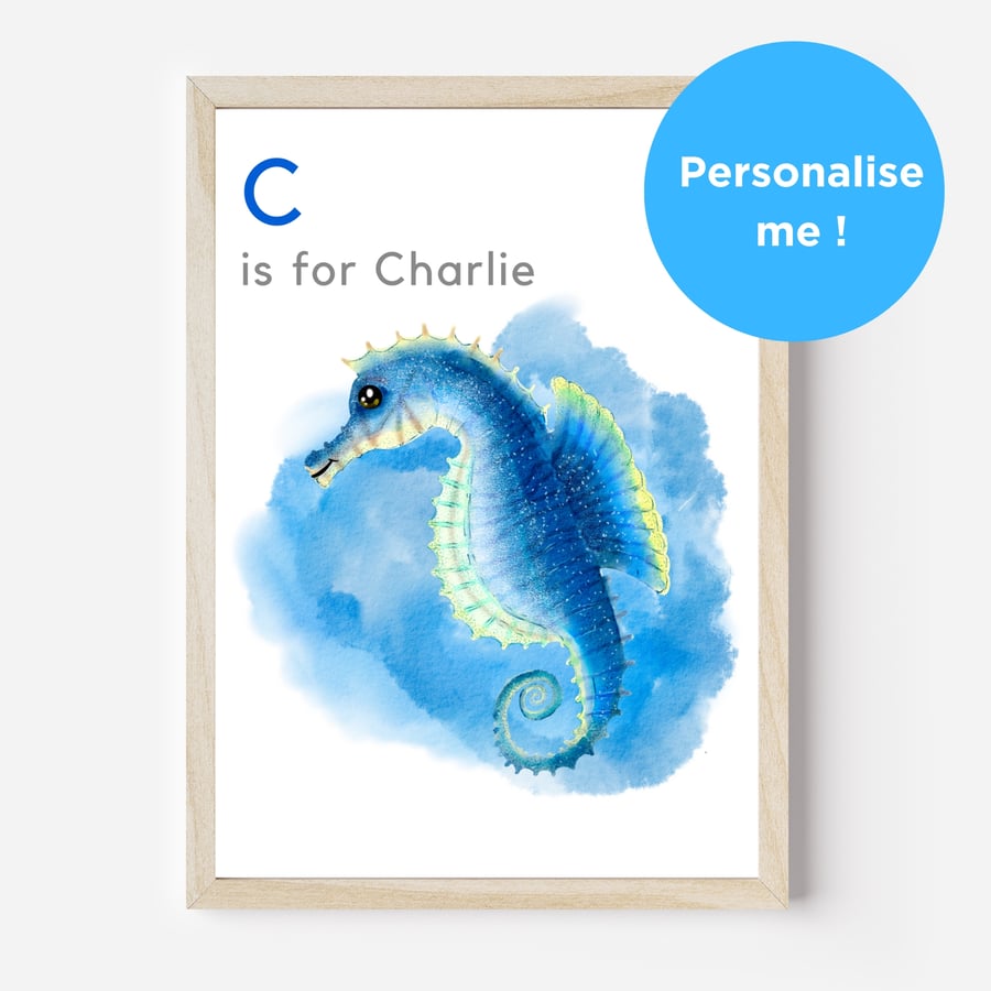 Blue Seahorse Nursery Wall Art Print Under the Sea Marine Life Print