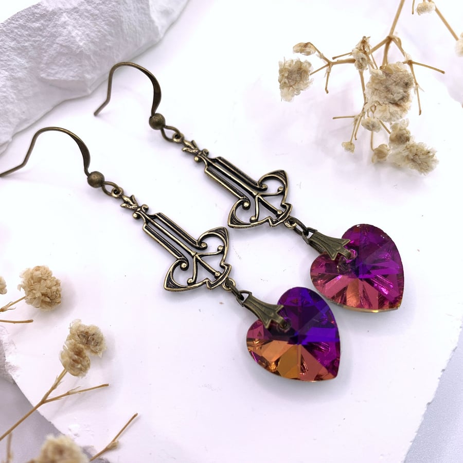 Vintage Style Rose Red Glass Heart Gold Earrings