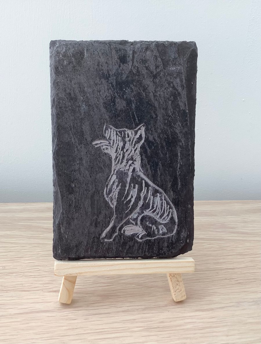 Westie Dog begging  - original art picture hand carved on slate