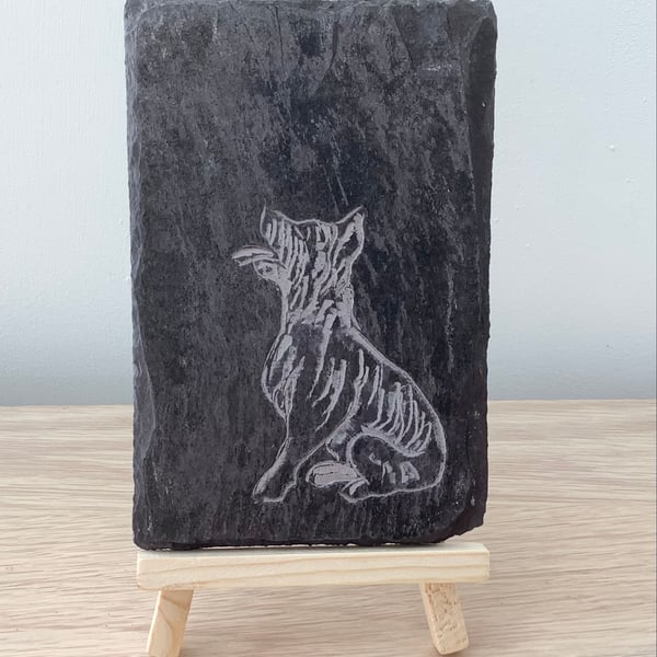 Westie Dog begging  - original art picture hand carved on slate