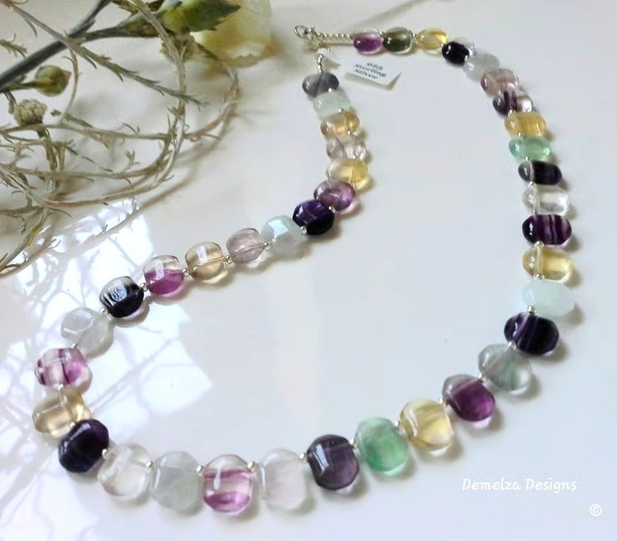 Image of Designer AAA Grade Natural Rainbow Fluorite Sterling Silver Necklace