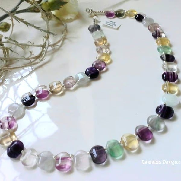 Designer AAA Grade Natural Rainbow Fluorite Sterling Silver Necklace