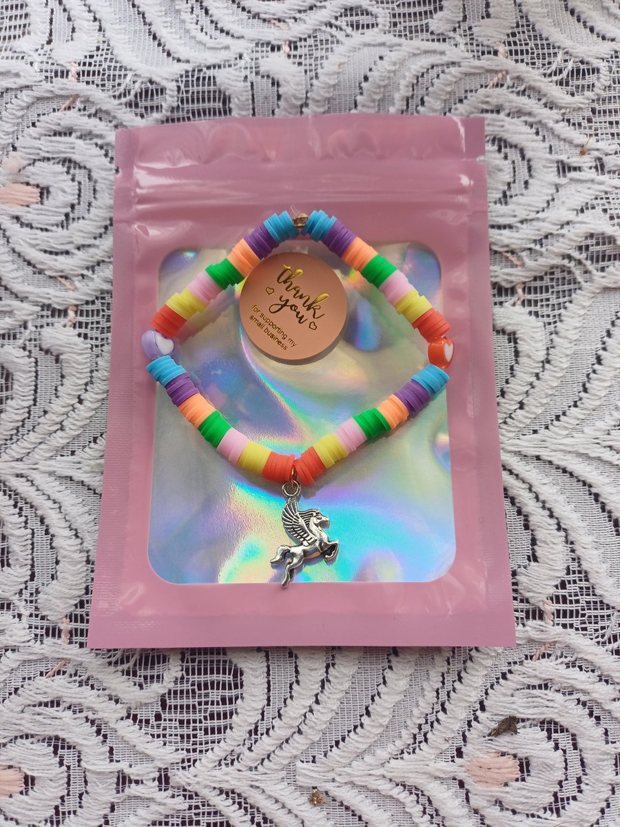 Rainbow clay beaded unicorn horse charm bracelet, colourful charm bracelet 