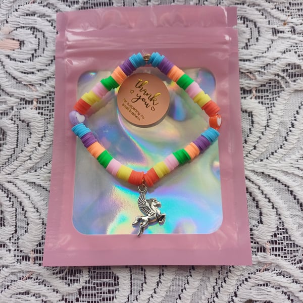 Rainbow clay beaded unicorn horse charm bracelet, colourful charm bracelet 