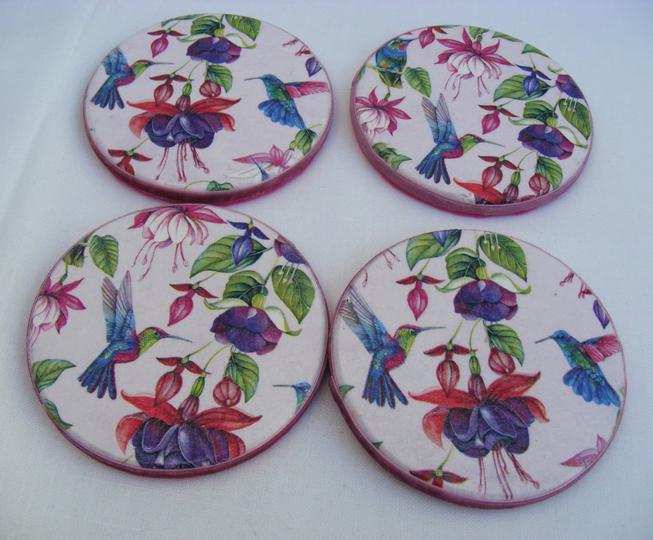 Set of 4 Decoupaged Fuchsia round wooden coasters