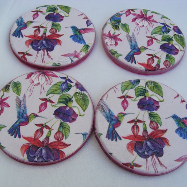 Set of 4 Decoupaged Fuchsia round wooden coasters