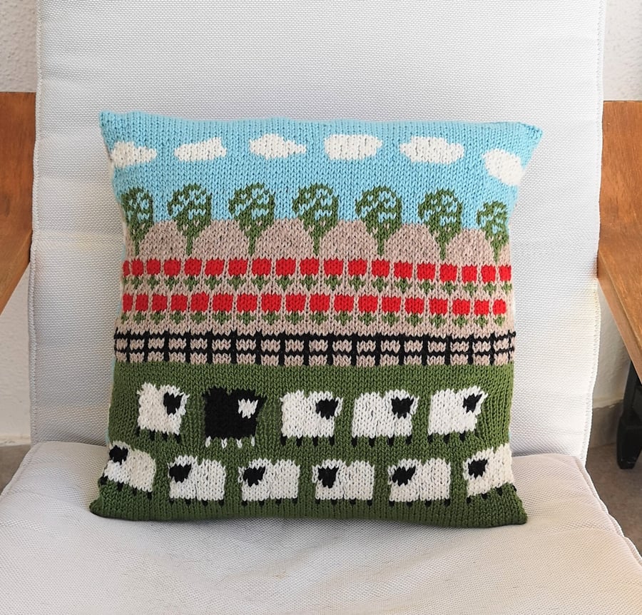 Sheep and Poppies Cushion Knitting Pattern, Digital Pattern