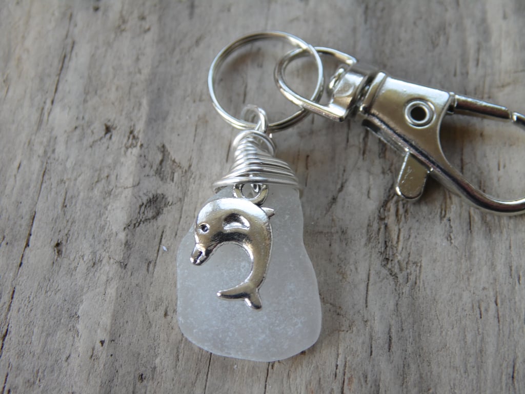 White Cornish Sea Glass with Dolphin Charm Keyring Bag Charm K758