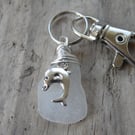 White Cornish Sea Glass with Dolphin Charm Keyring Bag Charm K758