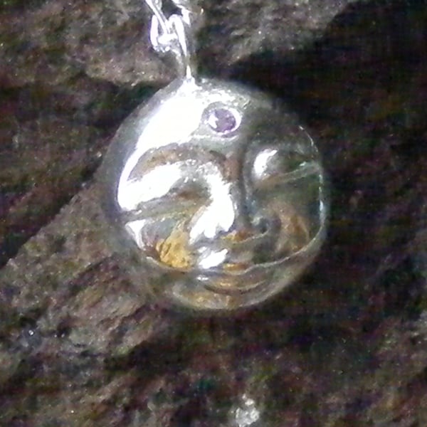 Fine Silver Moon Goddess Pendant and Sterling Silver 18 Inch Chain - Pink CZ