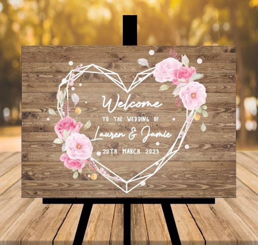 Personalised Rustic Wedding Sign - Pink Flowers - Heart Design