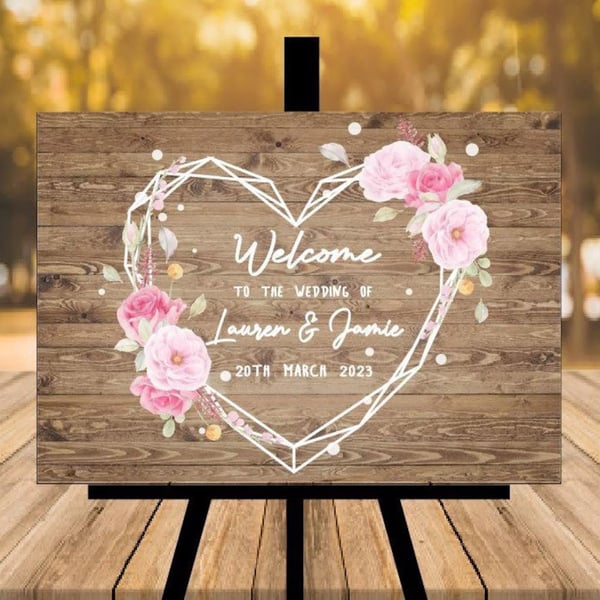 Personalised Rustic Wedding Sign - Pink Flowers - Heart Design