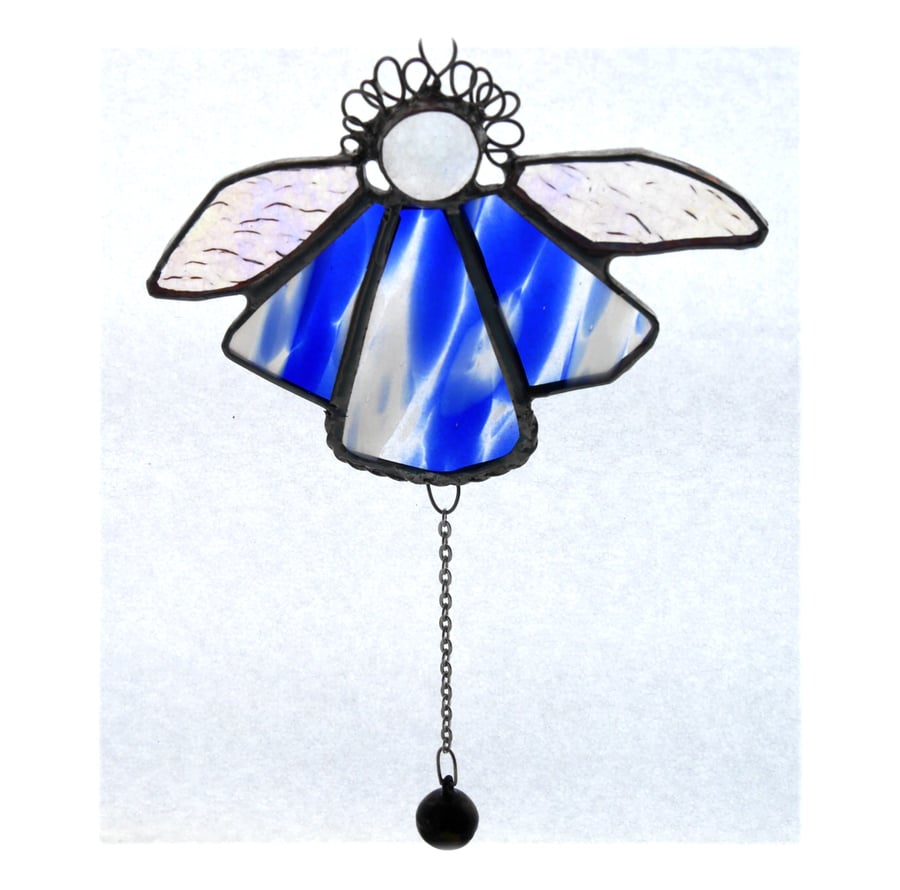 Angel Bell Suncatcher Stained Glass BlueWhite  044