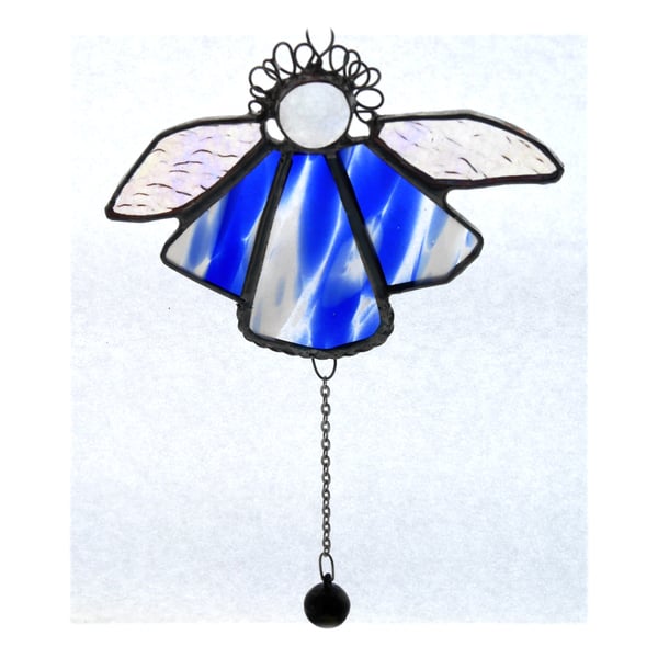 Angel Bell Suncatcher Stained Glass BlueWhite  044