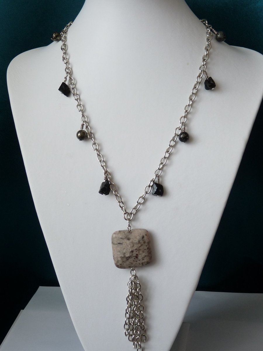 Ocean Fossil Jasper, Tourmaline & Pyrite Long Necklace  - Handmade 
