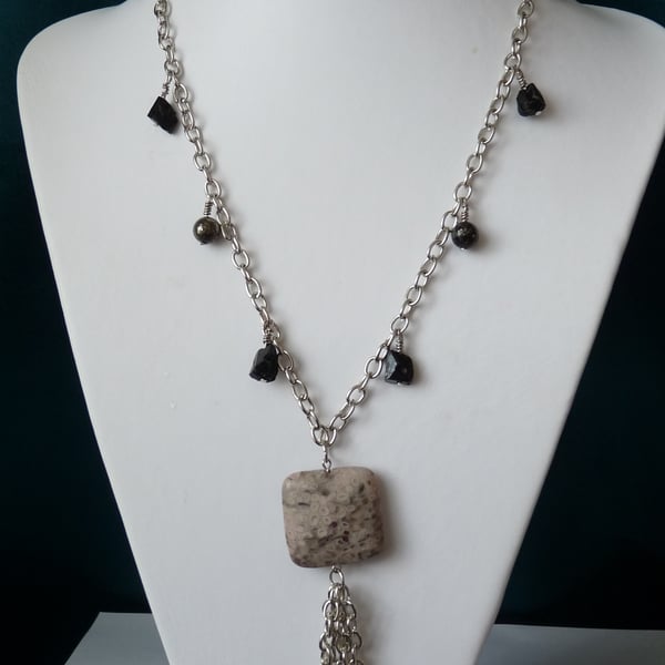 Ocean Fossil Jasper, Tourmaline & Pyrite Long Necklace  - Handmade 