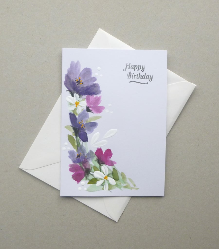 hand painted floral Birthday card ( ref F 886 K4 )