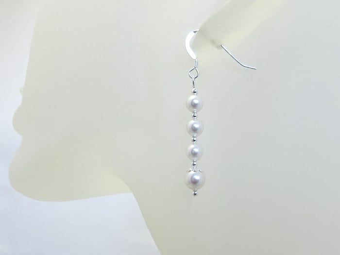 White Pearls & Sterling Silver Drop Earrings With Swarovski Pearls