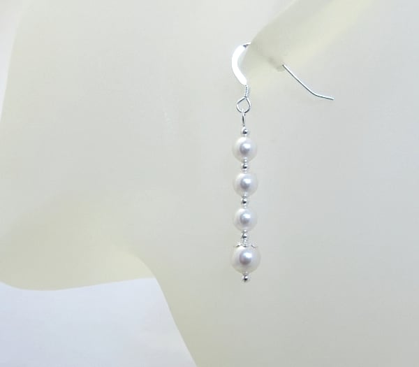 White Pearls & Sterling Silver Drop Earrings With Swarovski Pearls